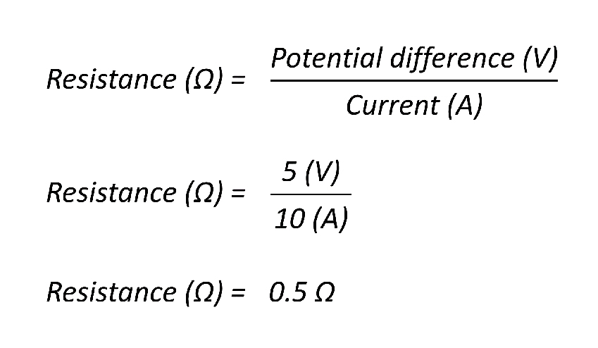 Resistance calculation Image showing the formulae for calculating resistance. In this example, the reading on the ammeter is 10 amps (A) and the reading on the voltmeter is 5 volts (V). The formulae shows that te resistance is 0.5 ohms.