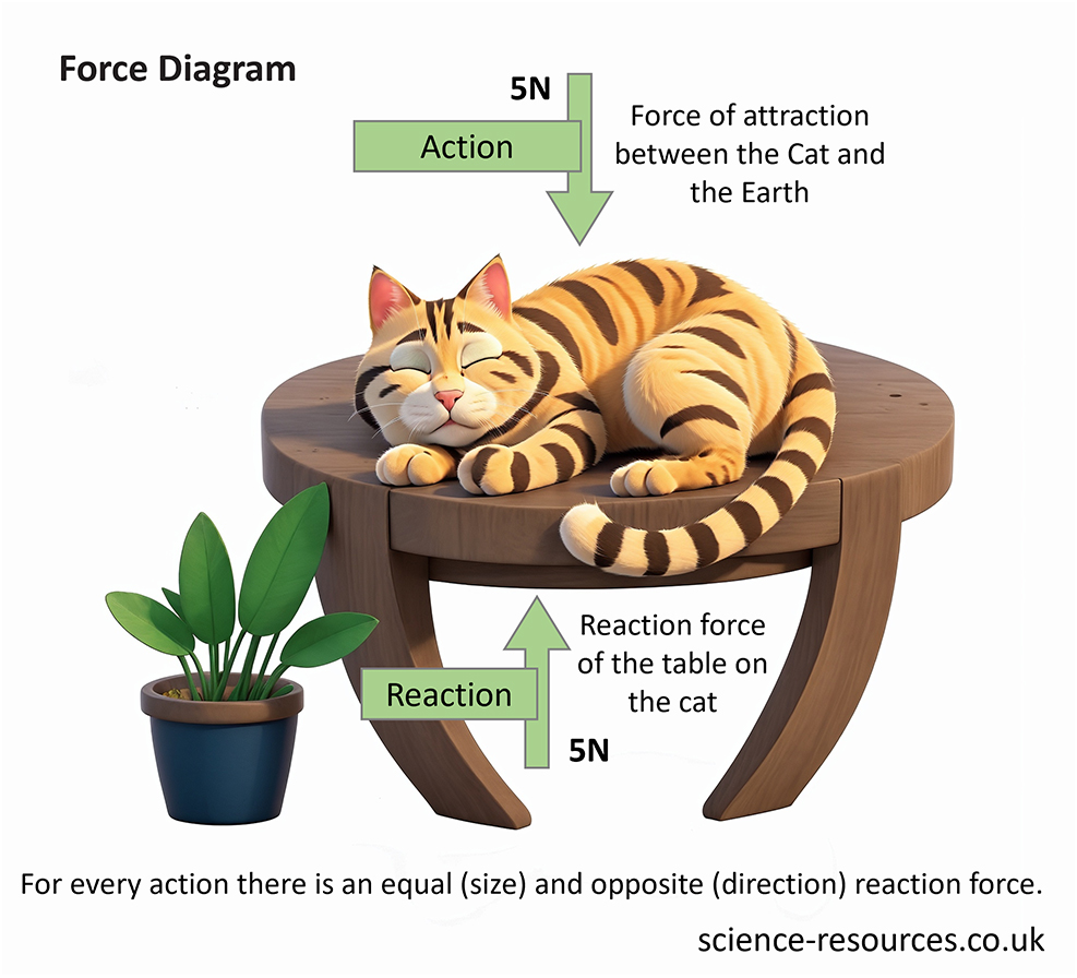 Force diagram This image is a force diagram featuring a cat lying on a table, illustrating the concept of Newton’s third law of motion. It shows the forces acting upon the cat and the table, labeled as “Action” and “Reaction,” respectively.