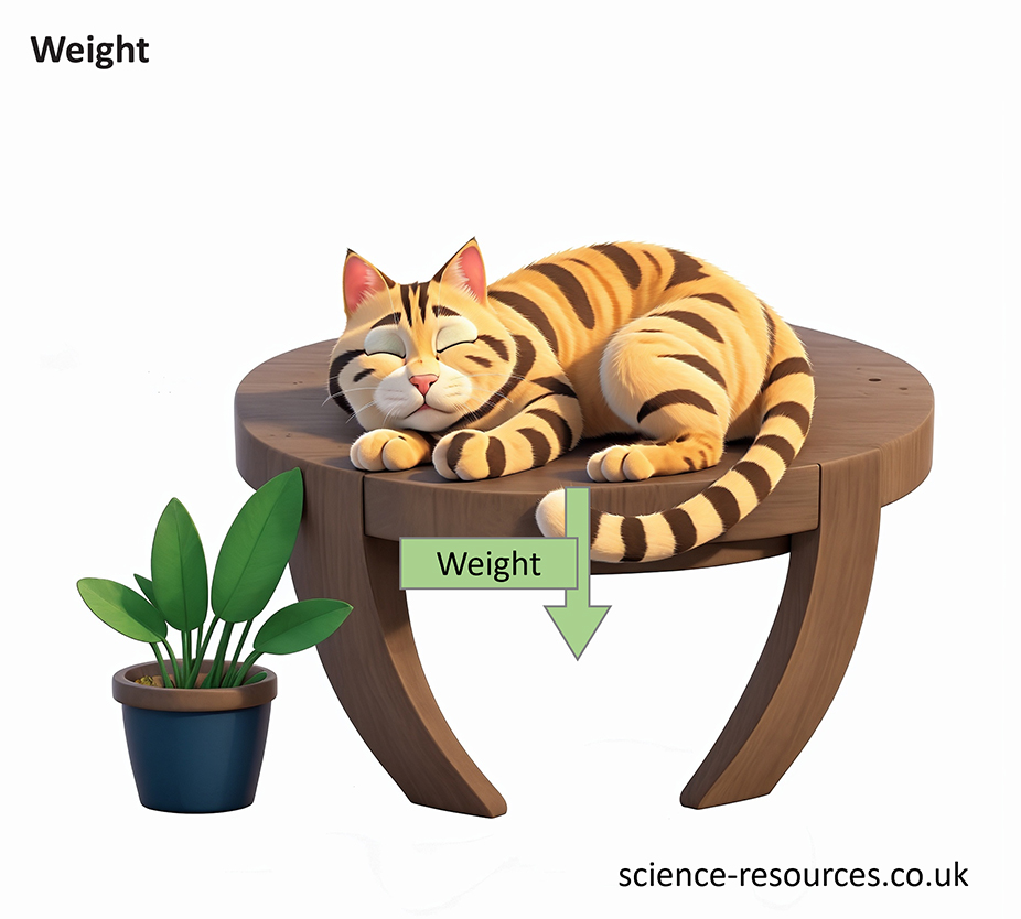 Weight The image shows a cat resting on a stool, with an arrow indicating the forces of weight.